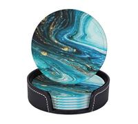AUGUSTRUSH Round PU Leather Coasters Set of 6, Stone Blue Gold Marble Print coaster with Storage Box, Heat-Resistant Non-Slip Drink Pads for Kitchen Desk Office Dining Table