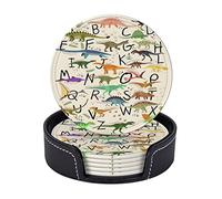 AUGUSTRUSH Round PU Leather Coasters Set of 6, Stylish Alphabets Dinosaurs Print coaster with Storage Box, Heat-Resistant Non-Slip Drink Pads for Kitchen Desk Office Dining Table