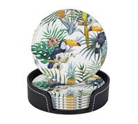 AUGUSTRUSH Round PU Leather Coasters Set of 6, Tropical Leaves Bird Print coaster with Storage Box, Heat-Resistant Non-Slip Drink Pads for Kitchen Desk Office Dining Table