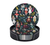 AUGUSTRUSH Round PU Leather Coasters Set of 6, Women's Nutcracker Ballet Xmas Dance Print coaster with Storage Box, Heat-Resistant Non-Slip Drink Pads for Kitchen Desk Office Dining Table