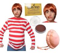 I Love Fancy Dress Greedy Golden Ticket Winner Costume, Facepaint, Wig, Belly & Ticket in Red | Size: XL I Love Fancy Dress Red XL