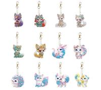 Augweyang Fox Diamond Painting Keychains Kits 12Pcs Animals Double Sided 5D Full Drill DIY Diamond Key Rings Art Ornaments for Kids Adults Home Craft Decoration Supplies Party Favors