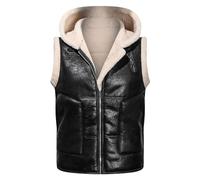 Augystre Men's Leather Fleece Vest Brown Aviator Men's Sleeveless Jacket Shearling Sheepskin Hoodie Short Faux Fur Winter Jacket, black, M