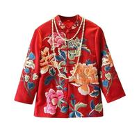 AUHAIEM Chinese Style Women'S Coat Floral Embroidered Satin Loose Button Stand Collar Mid-Sleeve Tang Suit Top,red,3XL