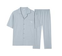AUHAIEM Men's Cotton Pajama Set Cotton Summer Solid Color Simple Casual Short Sleeve Home Clothes 2-Piece Set Loose Soft Elastic Button Open Cardigan Top Trousers Pajamas,Blue,L