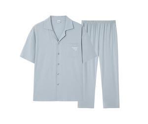 AUHAIEM Men's Cotton Pajama Set Cotton Summer Solid Color Simple Casual Short Sleeve Home Clothes 2-piece Set Loose Soft Elastic Button Open Cardigan Top Trousers Pajamas,Blue,L