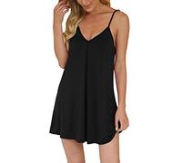 AUHEGN Nightgown for Women Loose Sleepwear V Neck Pajama Dress Soft Nightshirt Sleeveless Nightdress Chemise - black - S