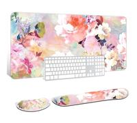 Auhoahsil Large Mouse Pad with Wrist Rests for Keyboard & Mouse, Thick Soft Ergonomic Memory Foam Wrist Supports, Big & Long Desk Mat 35.5 x 15.7 in, for Office Gaming Computer, Pink Flowers