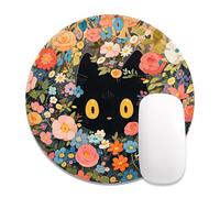 Auhoahsil Round Mouse Pad, Cute Small Computer Mouse Mat, Personalized Pattern, Stitched Edge, Non-Slip Rubber, Washable Mousepad Cloth for Wireless Mouse, 8.7 x 8.7 in, Thick 3mm, Pink Flowers Cat