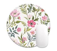 Auhoahsil Round Mouse Pad, Cute Small Computer Mouse Mat, Personalized Pattern, Stitched Edge, Non-Slip Rubber, Washable Mousepad Cloth for Wireless Mouse, 8.7 x 8.7 in, Thick 3mm, White Pink Flowers