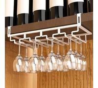 AUHOKY 2Pcs Adjustable Wine Glass Rack Under Cabinet, Punch-Free 4 Rows Stemware Wine Glass Metal Holder, Hanging Wine Glasses Storage Hanger Organizer for Shelf Kitchen Bar Decor(White, 4 Rows)