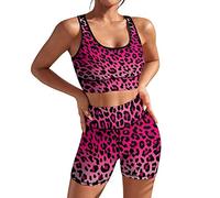 AuHomea Women's Yoga Outfit, 2 Piece Set Workout Athletic Shorts Leggings and Sports Bra Set Seamless Gym Clothes, Pink Leopard Print, S