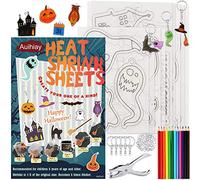 Auihiay 145 Pieces Halloween Heat Shrink Plastic Sheet Kit Include 8 Shrink Paper with Halloween Patterns, 4 Blank Shrink Film Papers, Hole Punch, Keychains, Pencils for Kids DIY Creative Craft