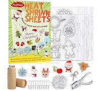 Auihiay 146 PCS Heat Shrink Plastic Sheet Kit Include 20 Shrink Paper with Christmas or Daily Pattern & 3 Blank Shrink Film Paper, Hole Punch, Keychains, Pencils for Kids Craft School Project