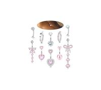Auiremrti 10 Pieces Belly Button Piercing, Gold-Coloured, Dangling Surgical Steel Belly Button Rings for Women, 14g, CZ Heart Opal Clicker, Floating Belly Button Piercing