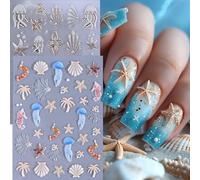 Auiremrti 2 Stück Summer Nail Stickers, 5D Beach Shell Nail Art Stickers, Embossed Ocean Nail Art Stickers, Self-Adhesive Jellyfish, Starfish, Palm Trees, Shell Design
