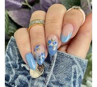 Auiremrti 24 Piece Blue Floral Press-On Nails, Medium Almond Shape Nails, French Tip, Blue Gradient Acrylic, Full Coverage, Spring/Summer Nail Art