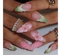 Auiremrti 24 Pieces Almond Press-on Nails, Medium Pink Artificial Nails with Floral Design, Spring Blossom Art Nails, Green and Pink French Tip Nails, 3D Gel Acrylic Nails, Cute Stick-on Nails