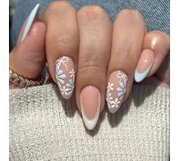 Auiremrti 24 Pieces Artificial Flower Nails, Almond Daisy Press-on Nails, White-Blue French Tip Press-on, Full Coverage, Shiny Artificial Nail