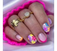 Auiremrti 24 Pieces Flower Press-on Nails, Short Oval Artificial Floral with Designs, French-Tip Art Nails,Colourful Daisy Stick-on Nail for Women
