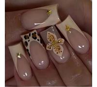 Auiremrti 24 Pieces French Tip Press-on Nails with Leopard Print, Medium Square False Nails with 3D Floral and Star Design, Spring Floral Art Nails