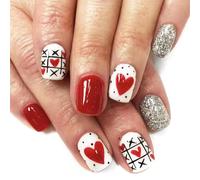 Auiremrti 24 Pieces Red Heart-Shaped Glitter Artificial Nails, Valentine's Day Fake Nails, Press On Nails Short, Adhesive Nail Tips