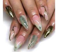 Auiremrti 30 Pcs Artificial Nails for Gluing, Green French Tip Short Almond Nails, with Nail Glue and Tools for Easy Application, Reusable