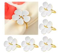 Auiremrti 6-Piece Set of Napkin Rings with Spring Flowers, Metal Flower Pattern Napkin Holder in White and Gold, Country Style Napkin Rings