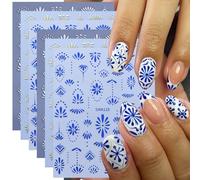 Auiremrti 6 Sheets Bohemian Style Nail Stickers for Nail Art, Blue Nail Art Stickers, 3D Self-adhesive, Nail Decoration, Retro Blue Nail Decals, Summer Nails