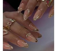 Auiremrti Artificial Nails for Sticking on, 24 Pieces Golden French Tips, Including Jelly Glue & Nail File, Perfect for Events & Parties