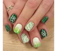 Auiremrti Artificial Nails to Stick, 24 Pieces St. Patricks Day Design Press on Nails Short, Green Four Leaf Clover Short Square Artificial Nails for Girls