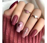 Auiremrti Artificial Nails With Heart And Diamond Decor, 24 Pieces Medium Length Red Press On Nails For Valentine's Day And Romantic Occasions