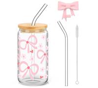 Auiremrti Elegant Bow Print Glass Bottle, 16oz Glass Set, Bow Glasses with Glass Straw and Stainless Steel Straw, Coquette Bow Design for Coffee, Cocktails and More
