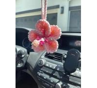 Auiremrti Pink Hibiscus Bloom Ornament for Hanging in the Car, Crocheted Hawaiian Tropical Flowers, Bag Decoration, Decoration for the Car Rear-view Mirror, Beach Accessories
