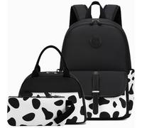 AUIVTY Backpack Girls Cow Print Teens Bookbag with Lunch Box Set Kids Elementary Middle School Bag, Black, L, Modern