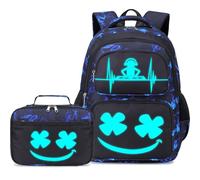 AUIVTY Boys Girls Backpack with Lunch Box Glow in Dark Bookbag Kids Ages 4-12 Kindergarten Elementary Middle School, Black Blue, M, Modern