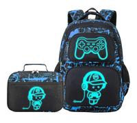 AUIVTY Boys Girls Backpack with Lunch Box Glow in Dark Bookbag Kids Ages 4-12 Kindergarten Elementary Middle School, Blue Black, 17" x 12" x 6.7", Cool