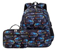 AUIVTY Kids Backpack Boys Monster Truck Backpack with Lunch Box Preschool Kindergarten Elementary Water Resistant Bookbag for Boys Ages 4-14 Travel Camp Sport, Off Road Car-Blue and Black