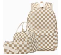 AUIVTY School Backpack for Girls Teens Corduroy Checkered Bookbag with Lunch Box Set Kids Backpack Elementary Middle School Bag (Checkered-Brown)