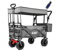 AUKAR Heavy Duty Collapsible Folding Wagon Utility Outdoor Garden Cart with 7’’All-Terrian Wheels Adjustable Push and Pull Handles for Shopping, Picnic, Beach, Camping, Sports (Grey)