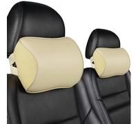 Aukee Car Neck Pillow Soft Memory Foam Leather Headrest for Driving Home Office Beige (Pack of 2)