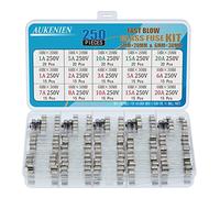 AUKENIEN 15 Values 250pcs Fast Blow Glass Fuses Assortment Kit 5x20mm 1A 5A 10A 15A 20A 250V 6x30mm 1A 2A 3A 5A 6A 7A 8A 10A 15A 20A 250 Volt Quick Blow Round Glass Tube Fuse Assorted Kit