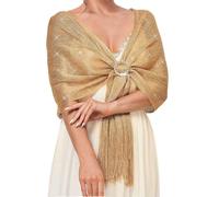 Aukmla Women’s Sparkling Metallic Shawls and Wraps Fringe Lurex Scarf with Crystal Bukles for Wedding Evening Party Dresses, B-gold, One Size