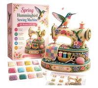 Aukojoy Spring Hummingbird Sewing Machine 3D Beaded DIY Kit, Limited Collector Edition Beginner Diamond Art Keepsake, Vintage Floral Sewing Room Home Decor Gift for Mom & Craft Lovers