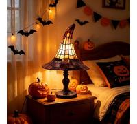 Aukojoy Stained Glass Witch Hat Lamp - Handcrafted Retro Resin Witch Lamp, USB Powered Gothic Wizard Hats Night Light, Halloween Home Decor Accent Lamps for Bedroom & Bookshelf