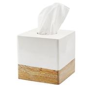 AuldHome Design Square Tissue Box Cover (Enamel/Mango Wood); Minimalist Scandinavian Decor White Cube Tissue Holder
