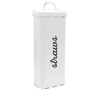AuldHome Farmhouse Enamelware Straw Holder (White); Rustic Metal Straw Storage Canister