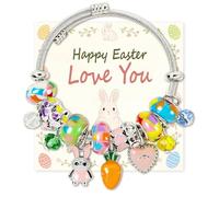 AULEEP Easter Gift Bracelet, Exquisite Colourful Crystal Beaded Bracelet with Bunny, Carrot, Heart Charms, Elastic with Easter Card & Pink Gift Box, Perfect Gifts for Women