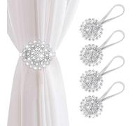 AULEEP Magnetic Curtain Tiebacks, 4 Pack Modern Metal Curtain Tie Backs, Indoor & Outdoor Use Decorative Drapes Clips Buckle with Crystal Flower Beads for Thin or Thick Curtains(Crystal Silver)