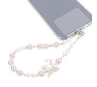 AULEEP Pink Pearl Phone Charm for Women, Butterfly Beaded Phone Bracelet Wrist Strap, Wristlet, Handmade Chain for iPhone and other Cellphone